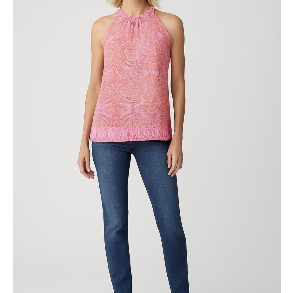 Cynthia Rowley Sleeveless Pink Salmon Paisley Semi-Sheer Tank Flowy Blouse Small